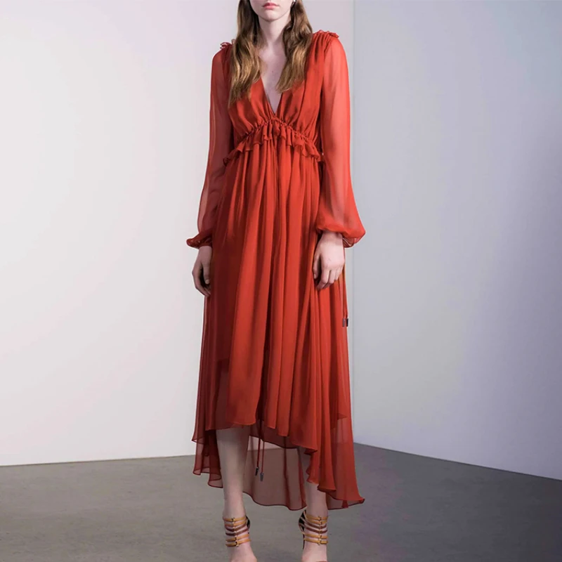 Vintage V-neck Long Sleeve Irregular Long Dress 2023 Summer Elegant Ruffles Chiffon Dress Red Vestido Feminino