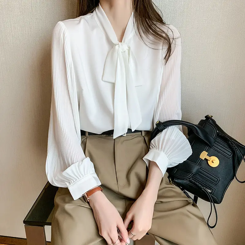 

Women Clothes Fashion Buttons Solid Color Scarf Collar Puff Sleeve Blouse Autumn Simplicity Bow Lacing Chiffon Shirts Femme Tops