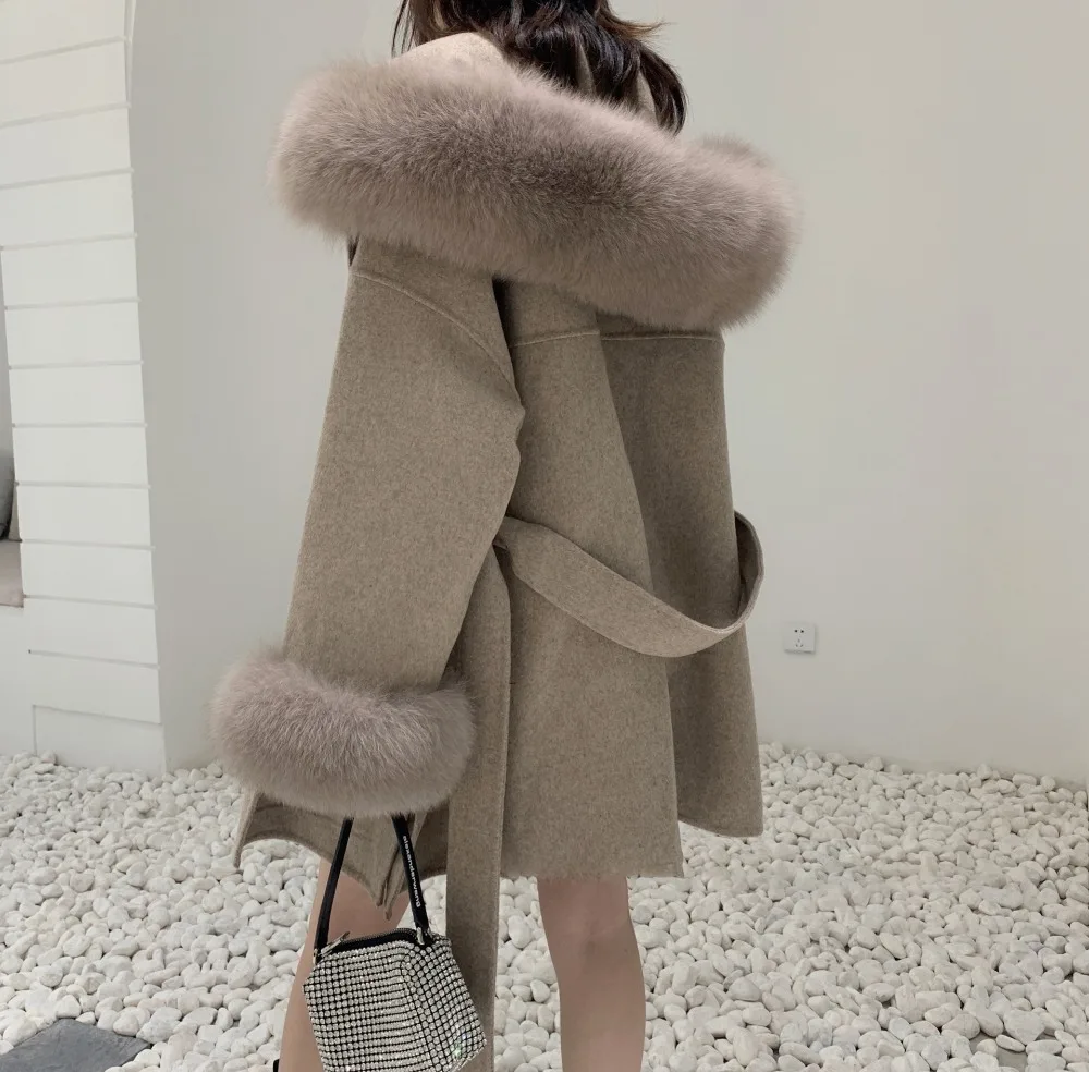 FURYOUME 2022 Winter Women Casual Cashmere Wool Blends Real Fur Coat Natural Fox Fur Collar Hooded Jacket Streetwear Loose Brand