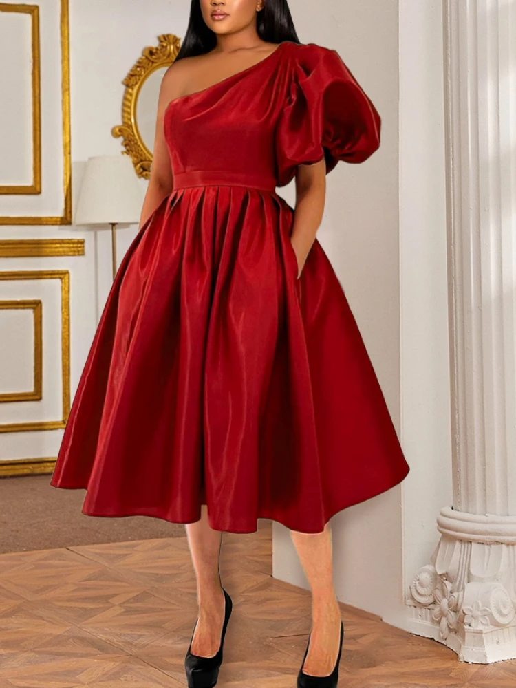 

AOMEI Party Dress Women One Shoulder Red Midi Pleated Robes Short Lantern Sleeve Fit and Flare Elastic Summer Big Size 4XL Gowns