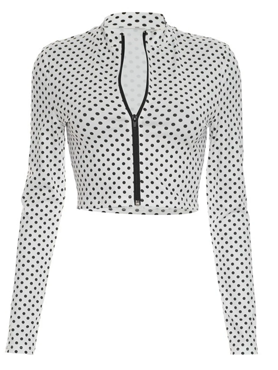 Фото Комплект Foamlina Retro Polka Dot: укороченный топ с воротником-стойкой на молнии и длинными рукавами, а также эластичные облегающие брюки, 2 предмета, для женщин №5