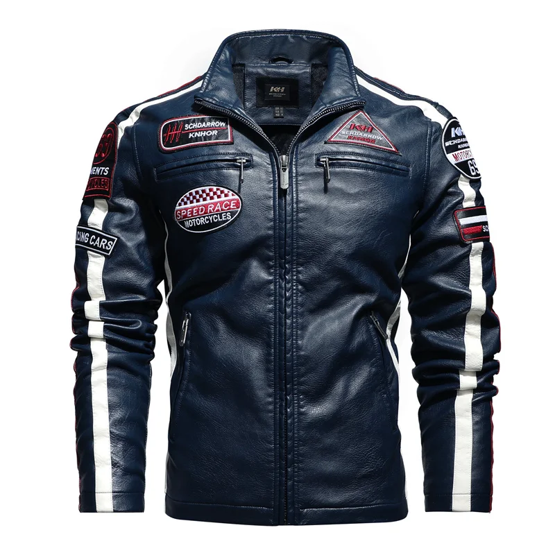 Abrigo de lana de Pu para hombre, chaqueta Bomber de cuero para motociclista, Vintage, mantiene el calor, bordado, a la moda, novedad de invierno