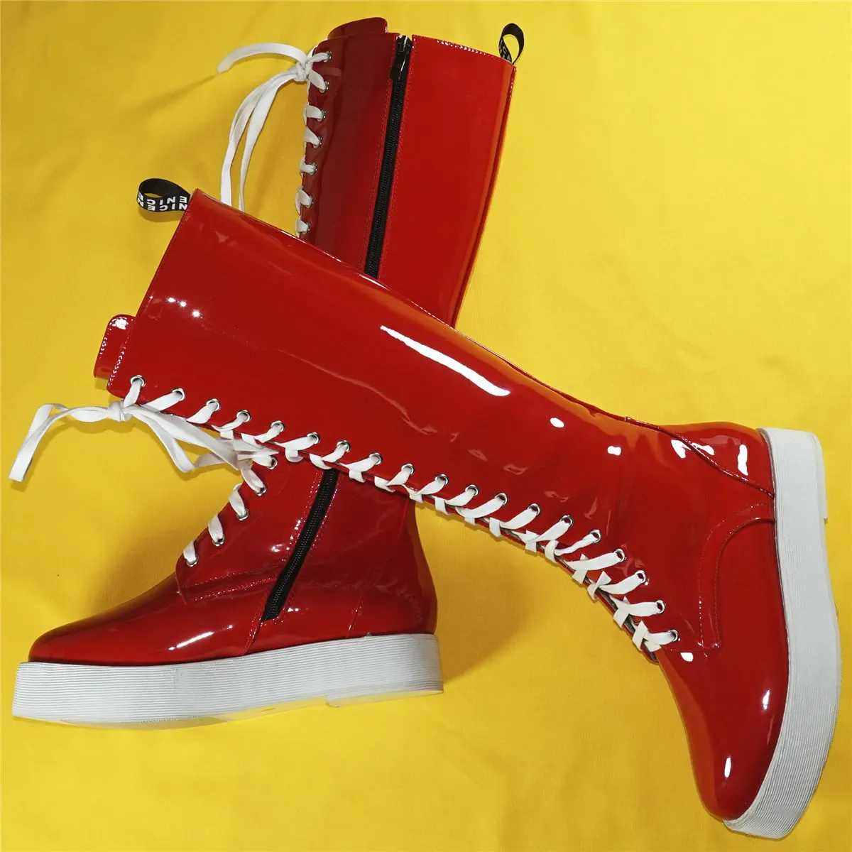 Winter Fashion Sneakers Women Lace Up Patent Leather Knee High Boots Female Round Toe Chunky Platform Pumps Shoes Casual Shoes