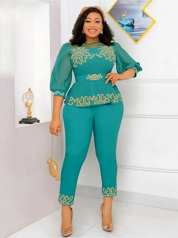 Office Suits for Women Two Pieces Lady Puff Sleeve Top and Pants Set Fashion Elegant Plus Size Sets Wholesale Bulk Dropshipping