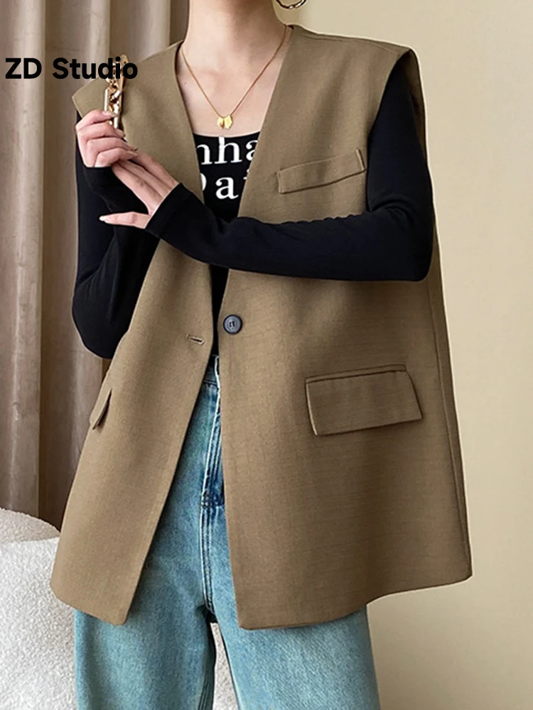 

[ZD Studio] Women Sleeveless Vest Coat Casual Solid Color Notched Collar Single Button Versatile Coats 2023 Autumn New 2AA1034