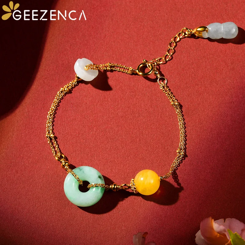 

GEEZENCA 925 Sterling Silver Gold Plated Natural Amber Jade Peace Buckle Women's Bracelet Handmade Vintage Simple Bracelets