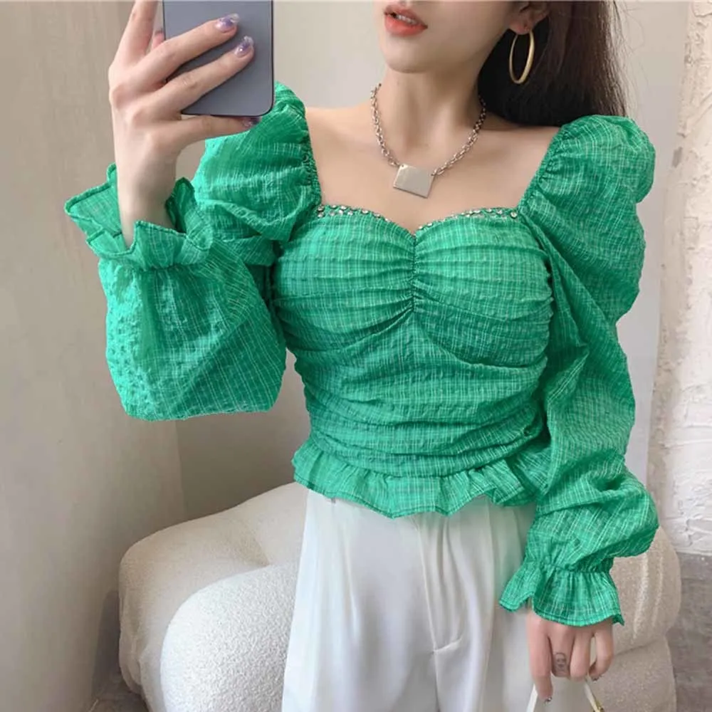 

Женский жаккардовый топ с открытыми плечами, приталенная короткая блузка с рукавами-фонариками, весна-лето 2022