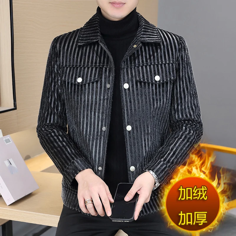 Cashmere and Thick Square Ermine Jacket for Winter 2022 Men's Korean Edition Slim Youth Fashion Striped Jacket  3XL