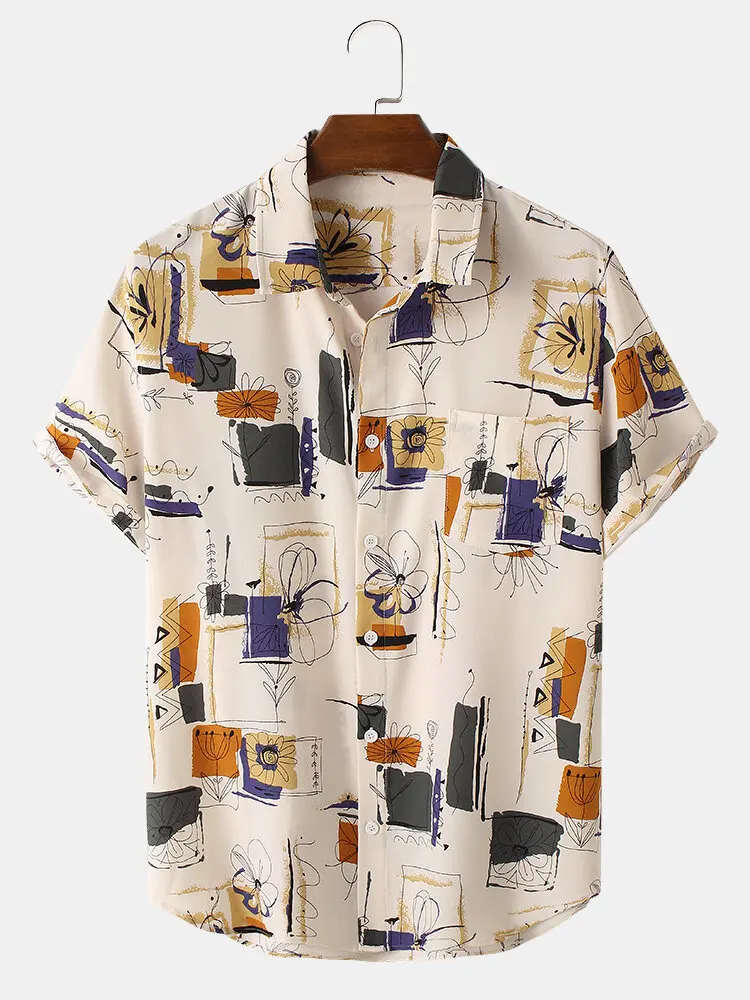 

Designer Hawaiian Shirts For Men Vintage Line Drawing Flower Print Street Short Sleeve Shirts Women Beach Blouse Tops