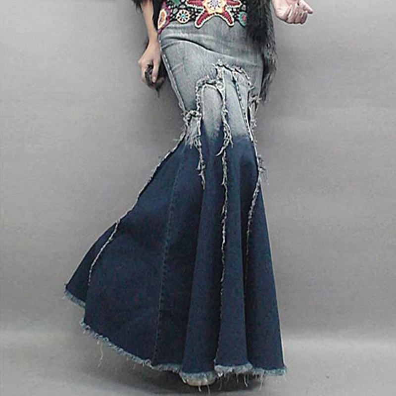 

Lady High Waist Gradient Tassel Jeans Trumpet Long Denim Skirt Women Female Cool Fish Tail Mermaid Bohemian Maxi Skirts Womens