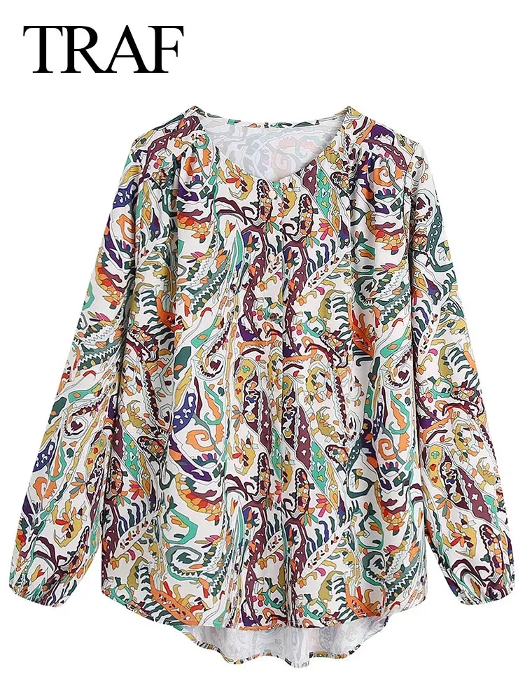 

TRAF Fashion Women's Shirt Vintage Print Round Neck Single Breasted Long Sleeve Casual Blouse Front Short Back Long Loose Top
