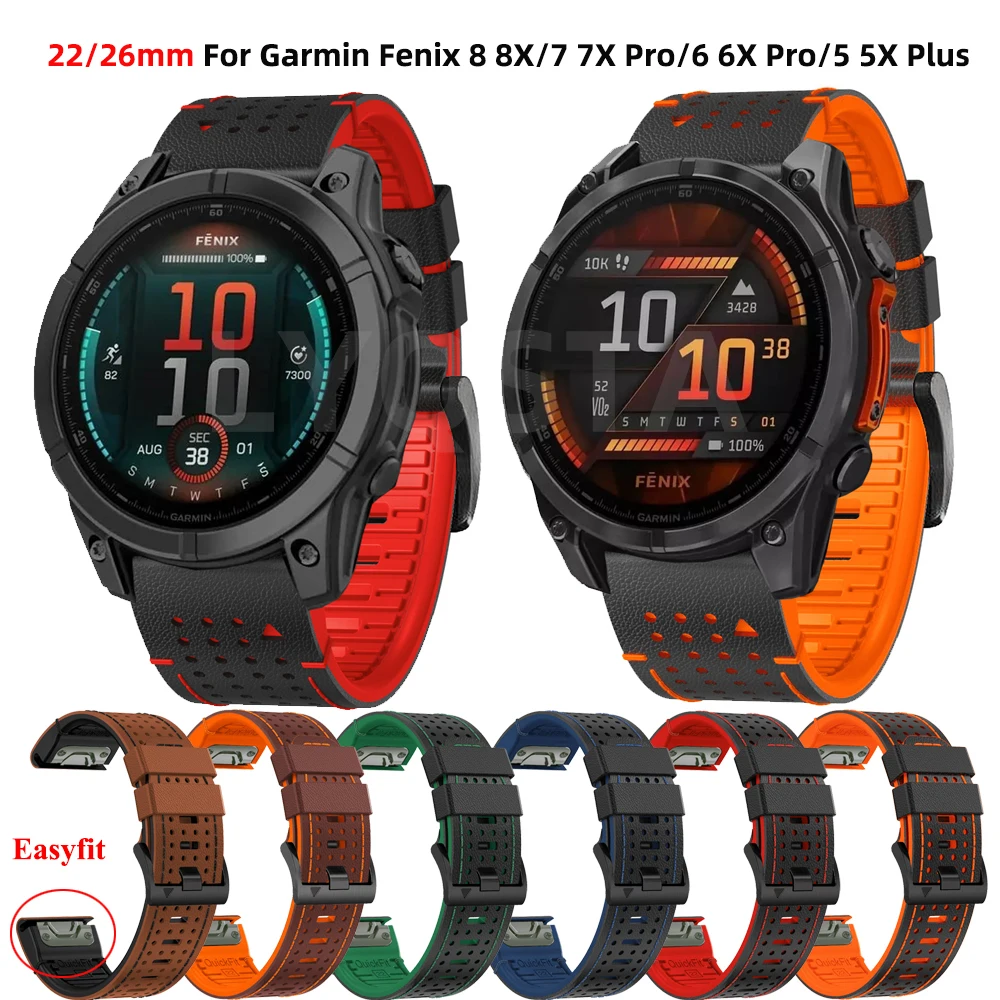 Ремешок из кожи и силикона для смарт-часов Garmin Fenix 8 7X 7Pro 47 мм 51 6X 6 Pro 5X 5