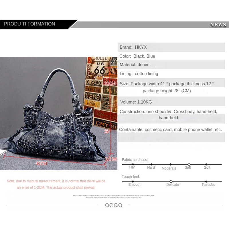 High-Quality Women's Motorcycle Tote Cowboy Riveted Crossbody Bag Multi-Pocket Canvas Bag New Large Tote Bag