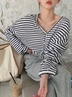 houzhou striped tshirts women korean fashion oversize t shirt button up long sleeve cardigan summer casual tops chic streetwear