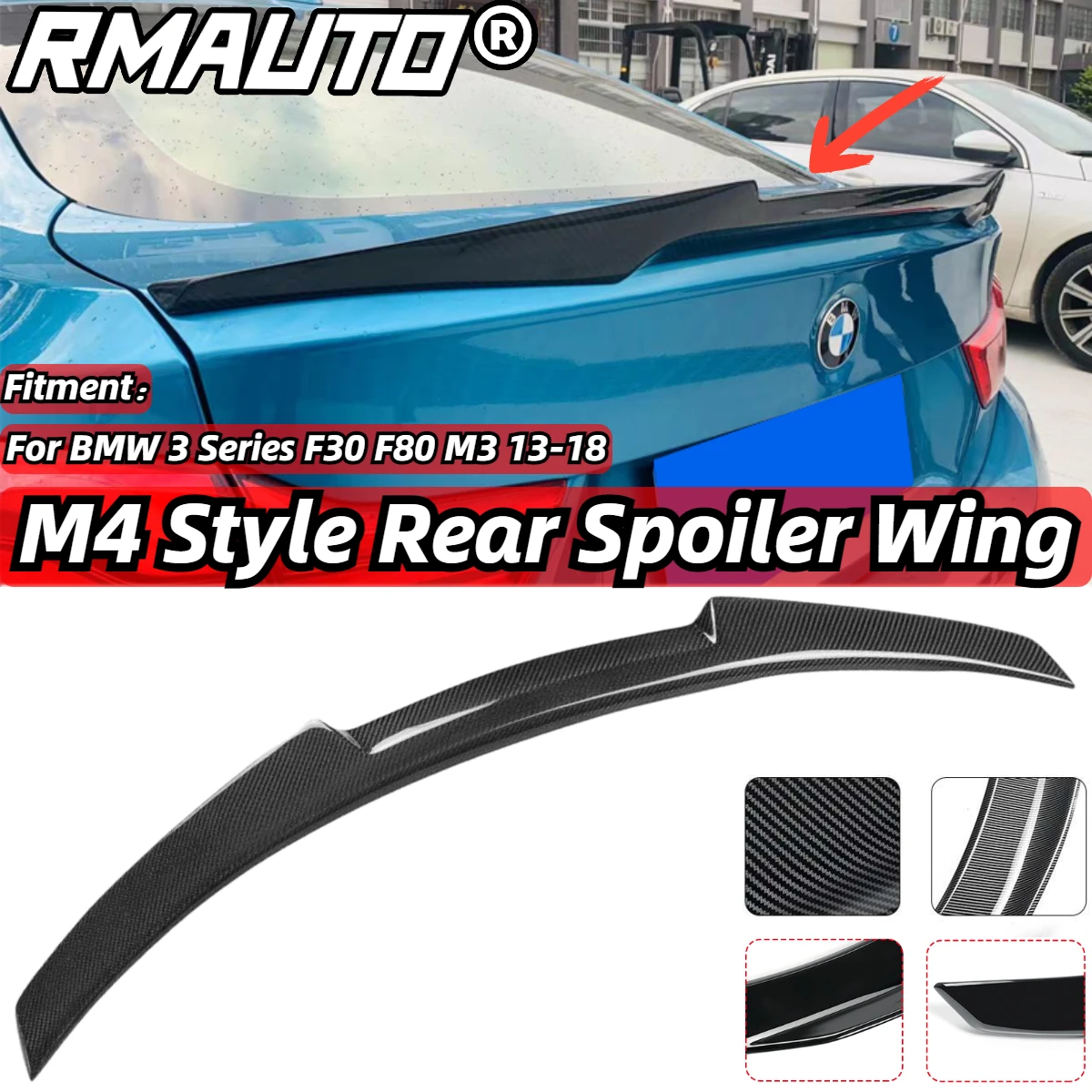 

RMAUTO Real Carbon Fiber Rear Spoiler M4 Style Wing Body Kit For BMW 3 Series F30 F80 M3 2013-2018 Rear Truck Wing Spoiler