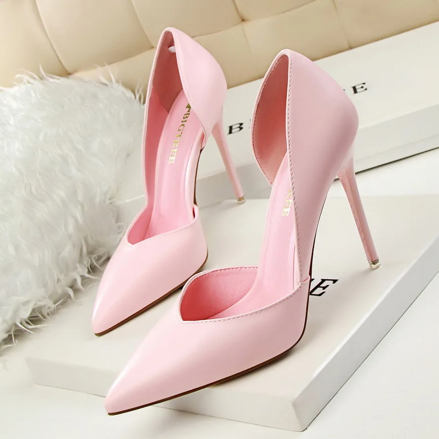 

Sexy Slim Women's Shoes Leather Stiletto High Heels Pumps 10cm Shallow Mouth Pointed Hollow Nightclub Single Shoes