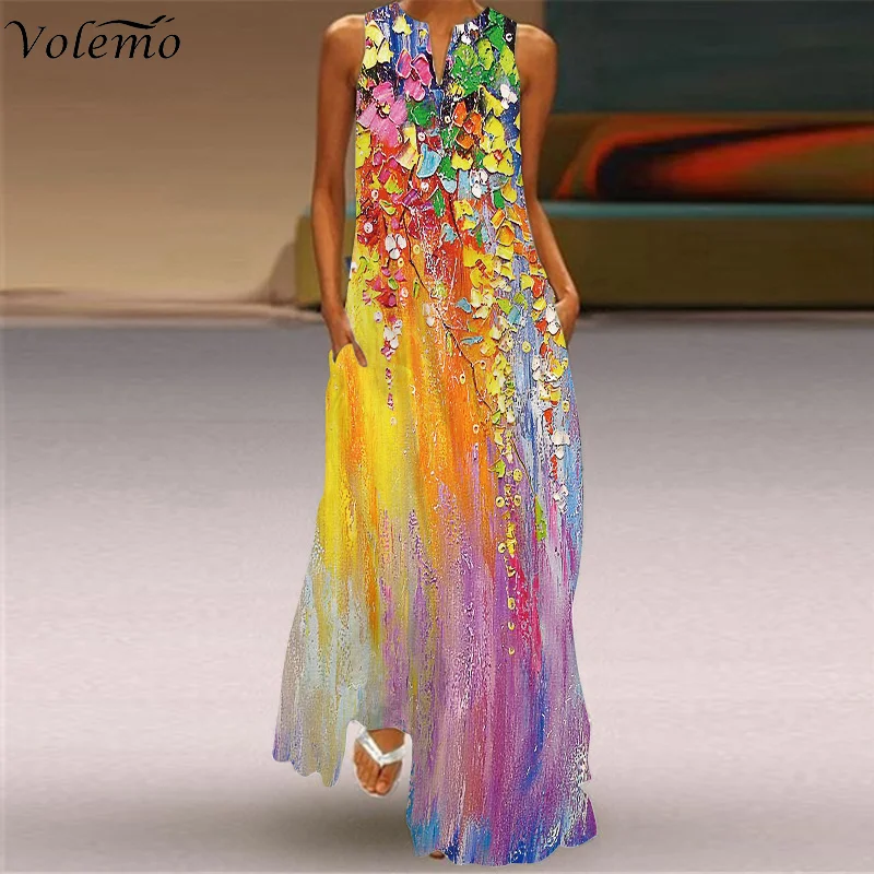 

Volemo Spring Summer Print Long Dress Women Beach Holiday Casual Fashion Elegant Dresses Party Sleeveless V Neck Maxi Dresses