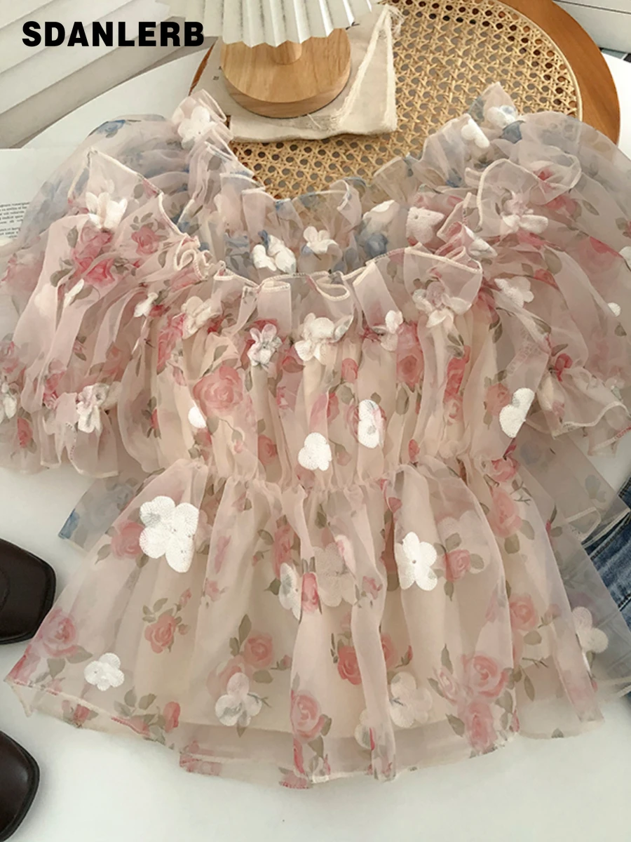 

Ruffled Off-Shoulder Short-Sleeved Blouse Women's Slimming Floral Short Top All-Matching Western Style Sweet Summer Shirt