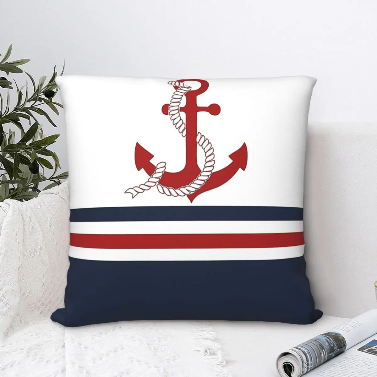 

Nautical Navy Blue And White Stripes With A Red Anchor Polyester Cushion Cover Bedroom Chair Decorative Washable Hug Pillowcase