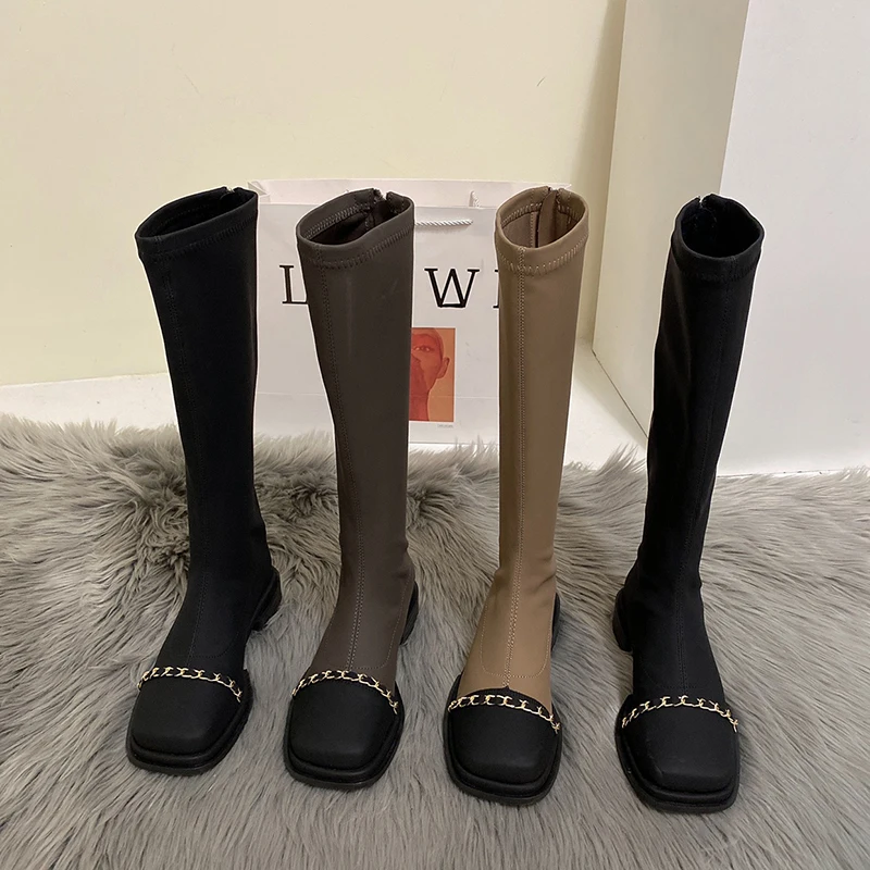 

【ENMAYER】2023 Winter New Mix Color Women Long Boot Fashion Flats Heels Square Toe Knee High Boot Back Zipper Riding Boot