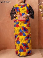 vonda women 34 sleeve sundress 2022 vintage printed holiday maxi dresses fashion crochet patchwork party dress casual vestido