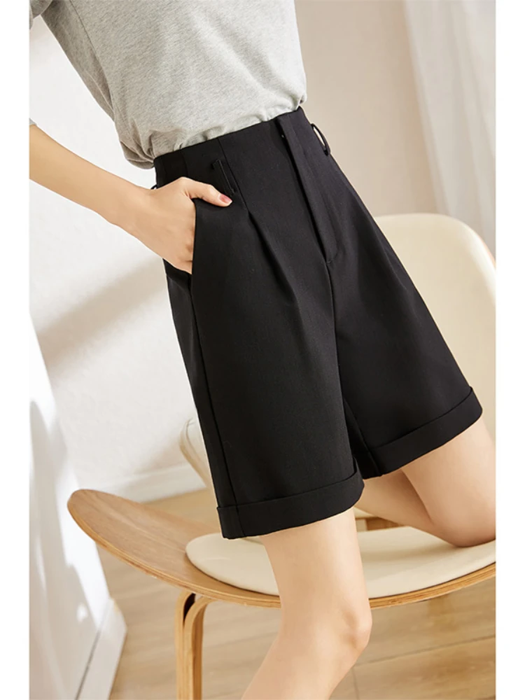 Vimly Black Suit Shorts for Women 2023 Summer Trousers Fashion High Waist Slim Waist Pleated Straight Wide Leg Casual Pants