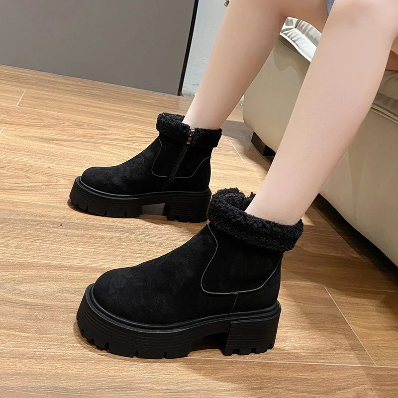 STRONGSHEN Winter Women Snow Boots Casual Heel Plush Warm Shoes Suede Fur Chelsea Ankle Boots Platform Ladies Shoes Botas Mujer