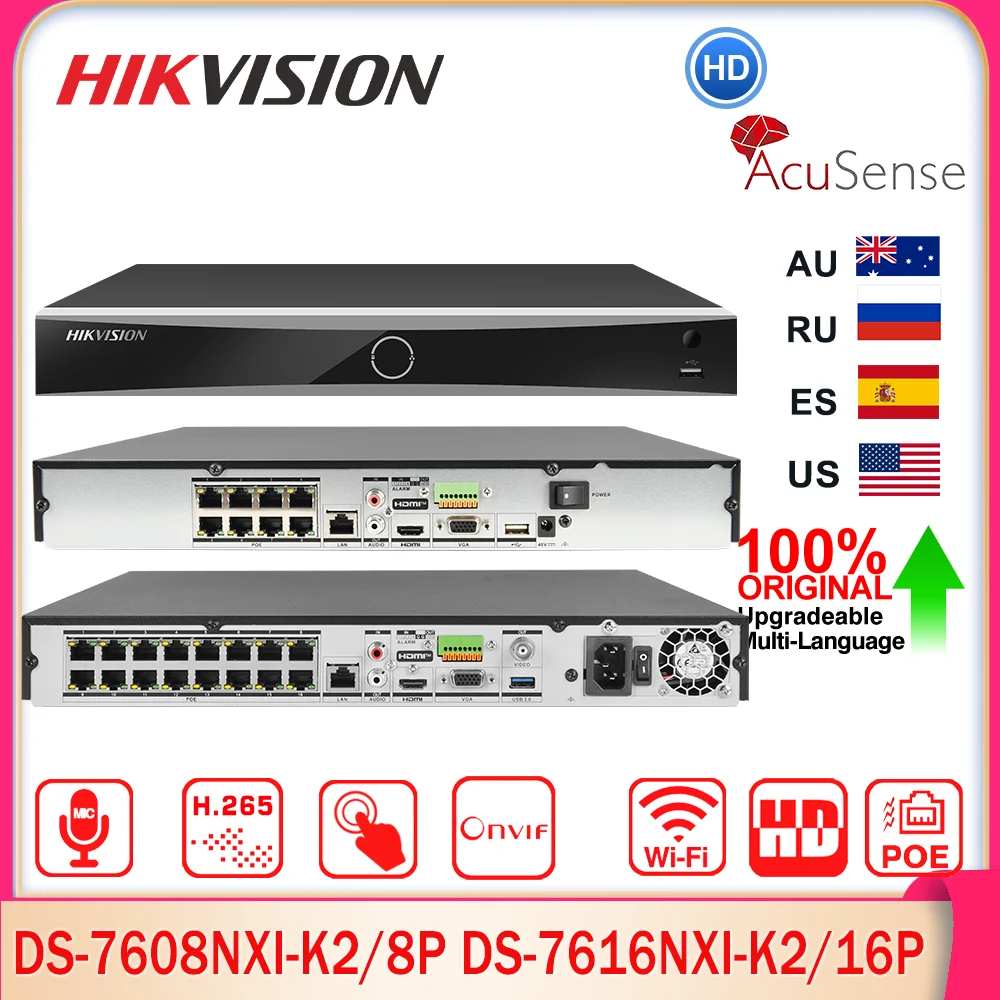 Hikvision DS-7608NXI-K2/8P DS-7616NXI-K2/16P 8/16CH POE AcuSense 4K NVR 2 SATA AI с камерой/присоской MD2.0 Сетевой