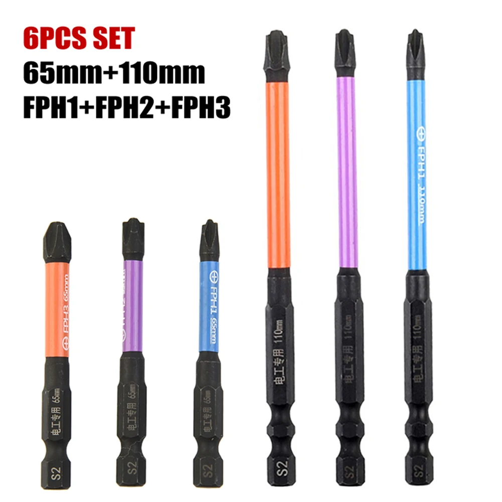 

6pcs 65mm 110mm FPH1 FPH2 FPH3 Special Slotted Cross Screwdriver Bit Alloy Steel Magnetism Bit For Electrician Tools