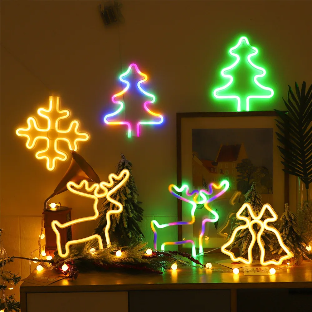 

Christmas LED Neon Night Light Hanging Tree Decoration Lights Bells Elk Snowflake Sign Night Lamp Home Decor Xmas Children Gift