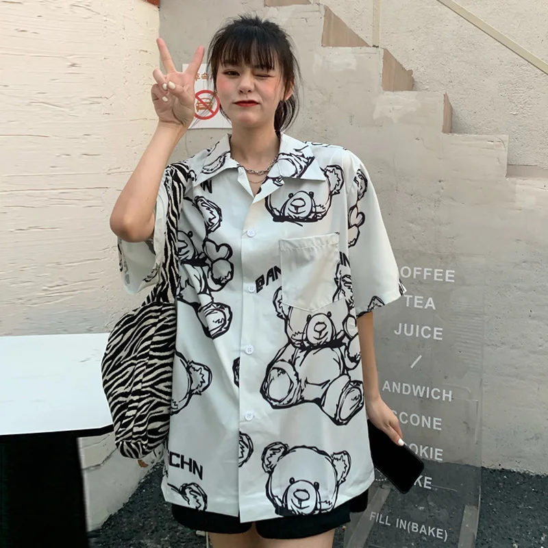 

Tide Bear Print Short Sleeve Women Shirts Cardigan Lapel Shirt Summer High Street Loose Tops Large Size Single Breasted Blouses