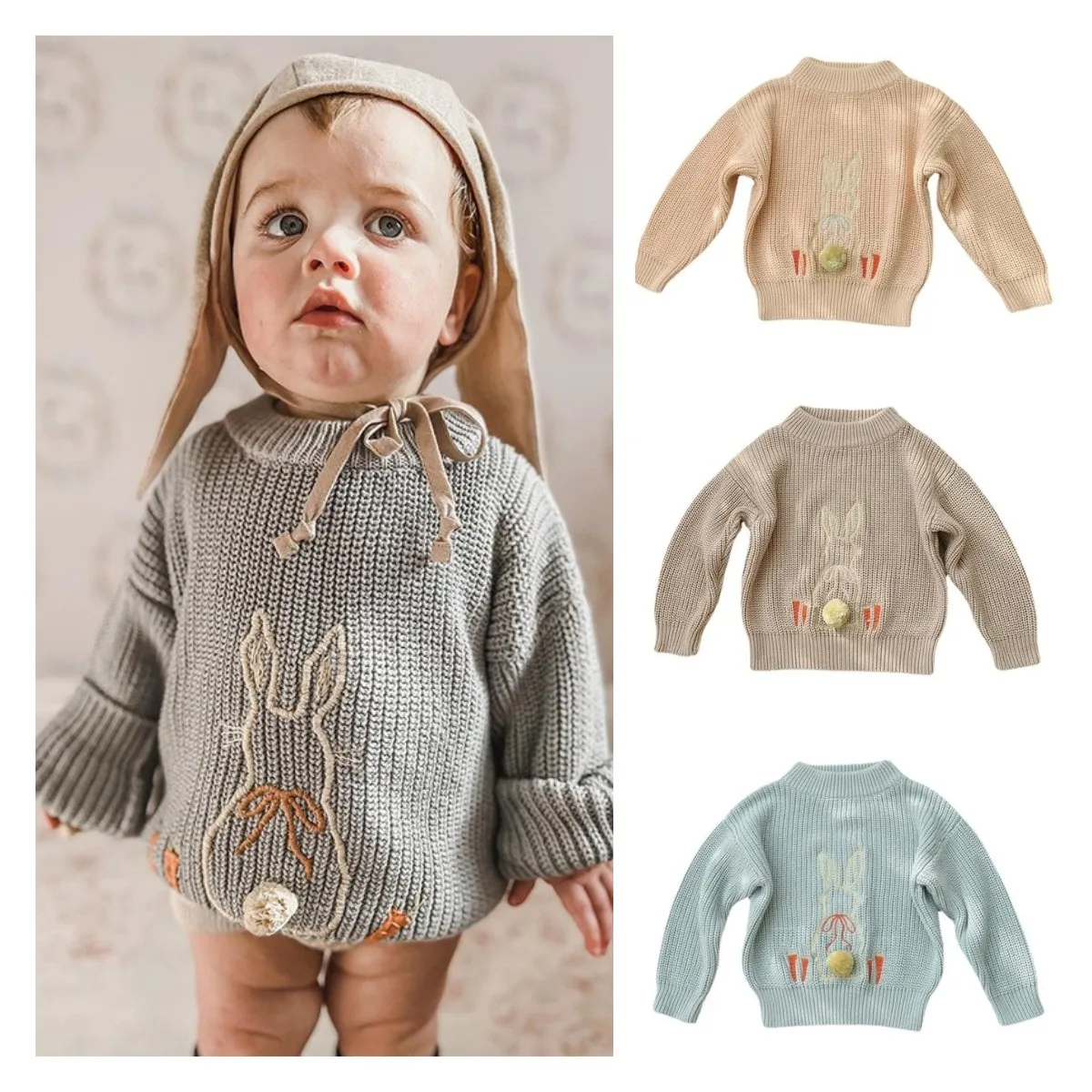 

Ins Cotton Autumn and Winter New Children's Rabbit Sweater WAWA Pullover Boys and Girls Warm Hand Embroidery Sweater