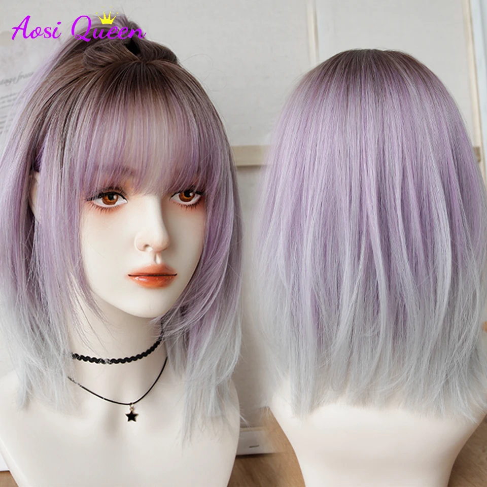 

LM wig female short hair purple gradient shoulder-length girl hair, anime cosplay high temperature resistant synthetic wi