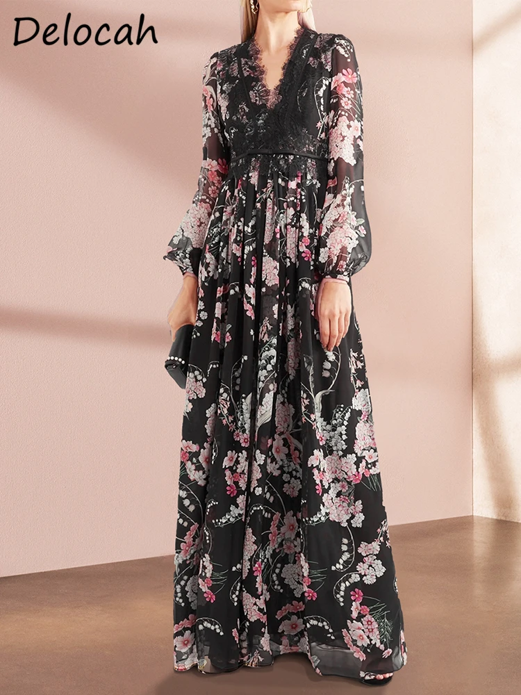 Delocah High Quality Spring Women Fashion Runway Holiday Maxi Dress Lantern Long Sleeve Lace Trim Flower Printed Long Dresses