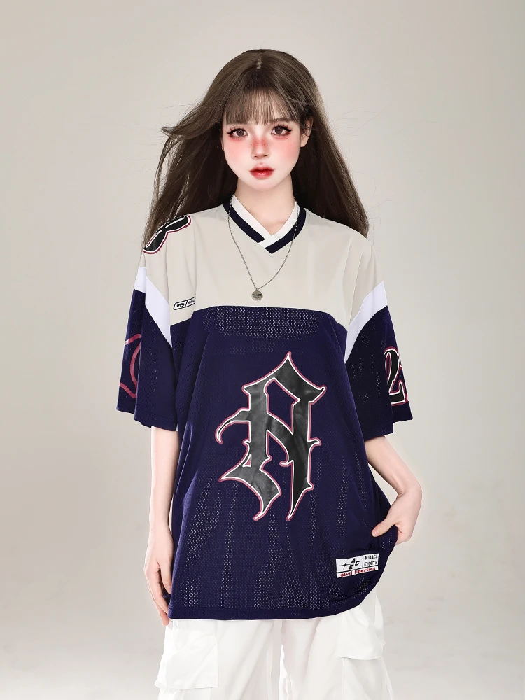 Американская футболка Y2g Gyaru контрастного цвета в стиле пэчворк сетчатая с