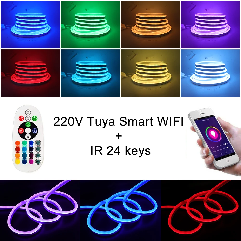 

WIFI LED Neon Light Strip RGB 24key Remote Control 220V 110V EU US UK AU Kit Flexible Neon Lamp Sign Waterproof HomeDecoration
