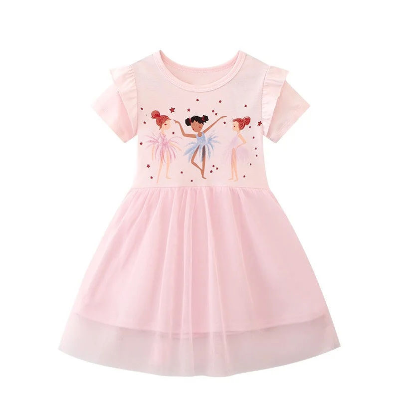 

Jumping Meters 2-8T Summer Party Girls Dresses Tutu Princess Fairy Print Short Sleeve Birthday Wedding Baby Frocks Costume