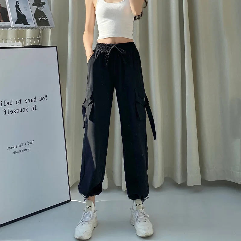 

Summer Black Streetwear Cargo Pants Women Harajuku BF Loose Pocket Hearm Pants Joggers Drawstring Elastic Waist Female Trousers