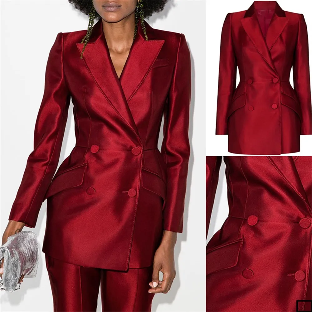 2 Pieces Women Suits  Luxury Red Double Breasted Formal Long Blazer+Pants Tuxedos Wedding Prom Party Suits Set