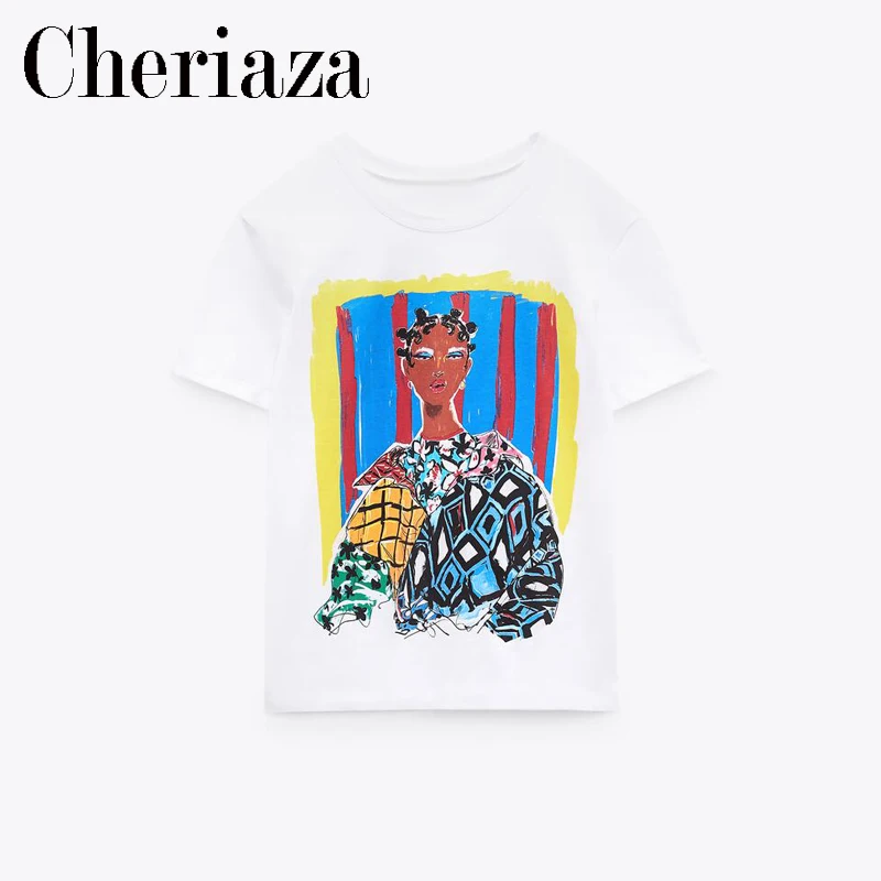 

2022Summer Women's European And American Style Front Contrast Print T-shirt Casual Fashion Crew Neck White Short Sleeve Female