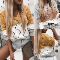 2022 winter new sweater v neck hollow color matching loose fashion pullover sweater