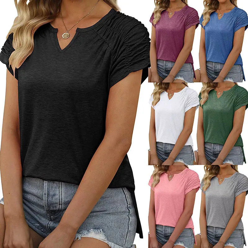 

Solid Color V-neck Pleated Short Sleeved T-shirt Women's Clothing Summer 2023 New Fashion Simple Slim Fit Tees Office Lady Tops