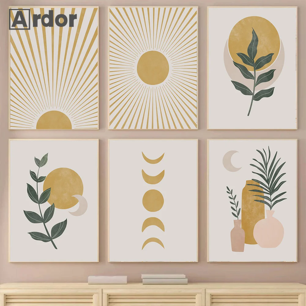 

Богемный абстрактный постер на холсте с изображением солнца, луны, Листьев, геометрический принт, современные настенные картины в скандинавском стиле, домашний декор для гостиной