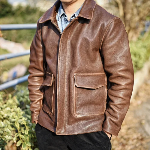 

Leather Jacket Real Men Vintage Cowhide Coat Heavyweight Retro Old Gun Men's Full Vegetable Tanned Full Grain Jacket Plus Size F