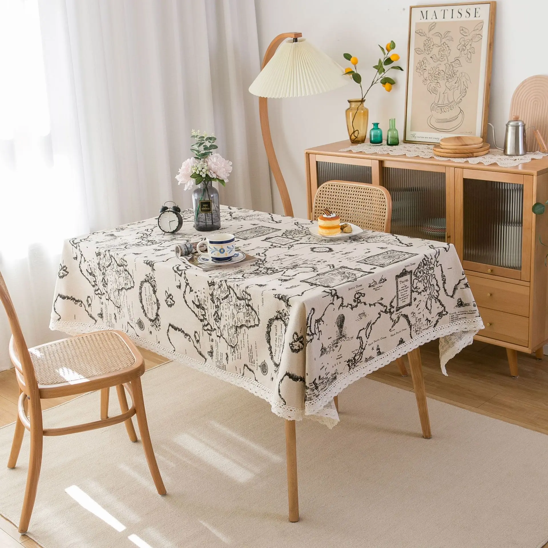 

Green Pine Tablecloths Stitching Tassel Table Cloth Rectangle Tablecloth Cotton Linen Waterproof Burlap Dining Tables Mat Cloths