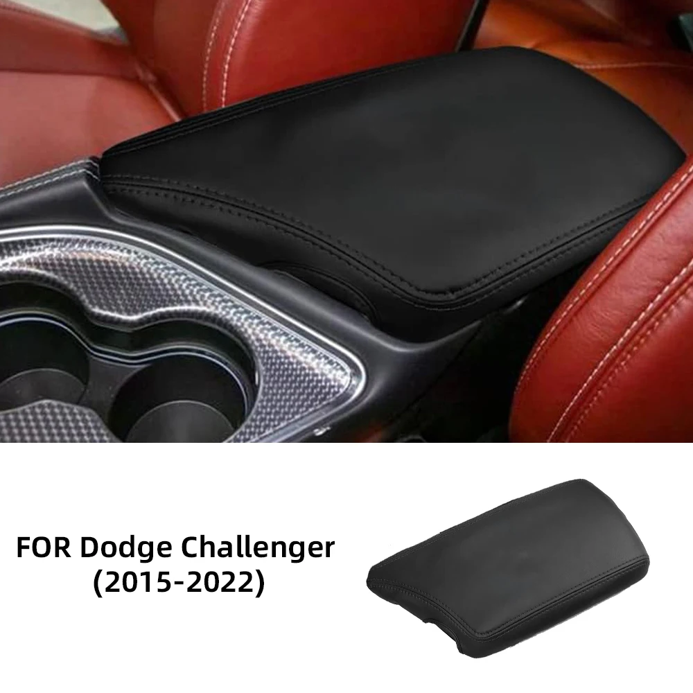 Фото Для Dodge Challenger 2015-2022: Накладка на подлокотник из черной кожи с красной и черной строчкой, защита центральной консоли, аксессуары для интерьера №1