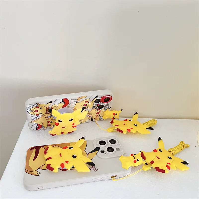 Чехол-подставка для iPhone 11 12 13 14 15 Pro Max Y2K с 3D Аниме милым покемоном Пикачу ремешком