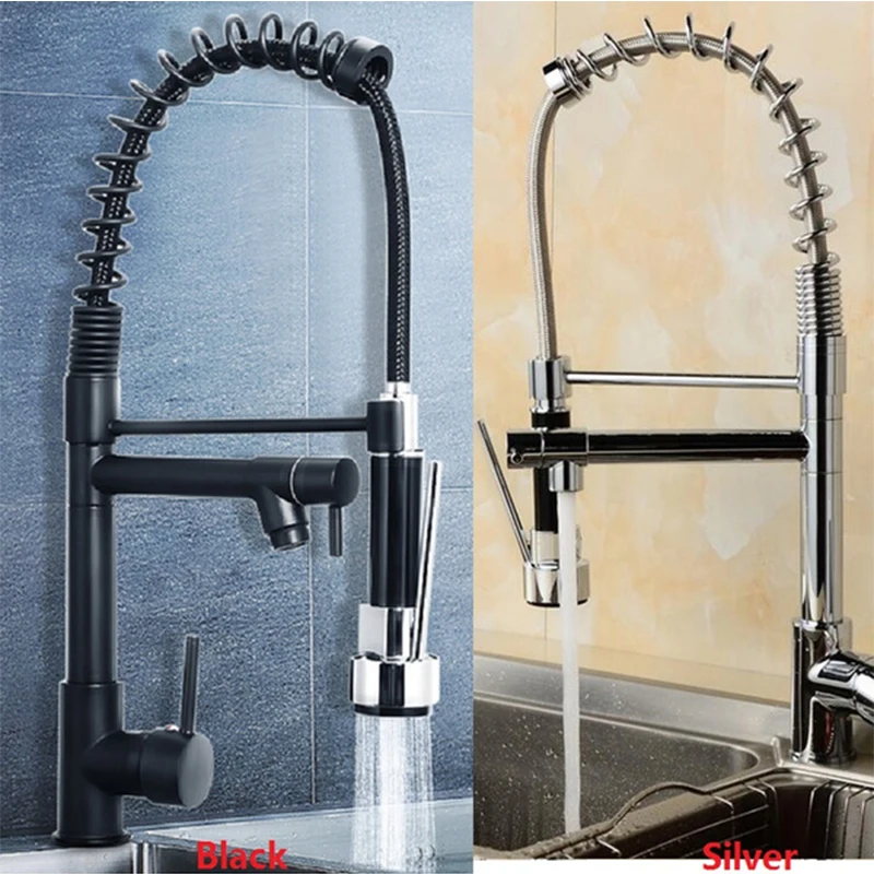 

Black and Rose Golden Spring Pull Down Kitchen Sink Faucet Hot & Cold Water Mixer Crane Tap with Dual Spout Deck Mounted