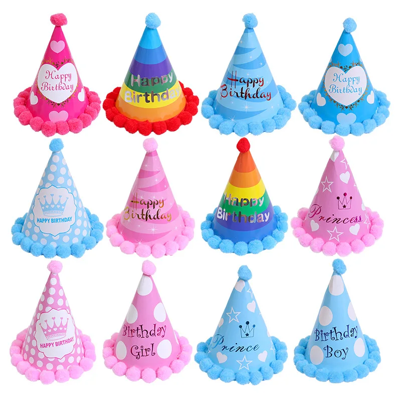 

10pcs Party Birthday Hat Rainbow Plush Ball Cone Paper HatsKids Adults Birthday Party Decor Caps Baby Shower Decor Supplies