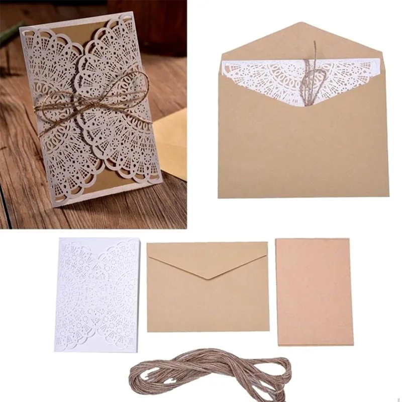 

10/20/50pcs Laser Cut Wedding Invitations Card Kraft Paper Hemp Rrope Greeting Cards Married Birthday Business Party Supplies